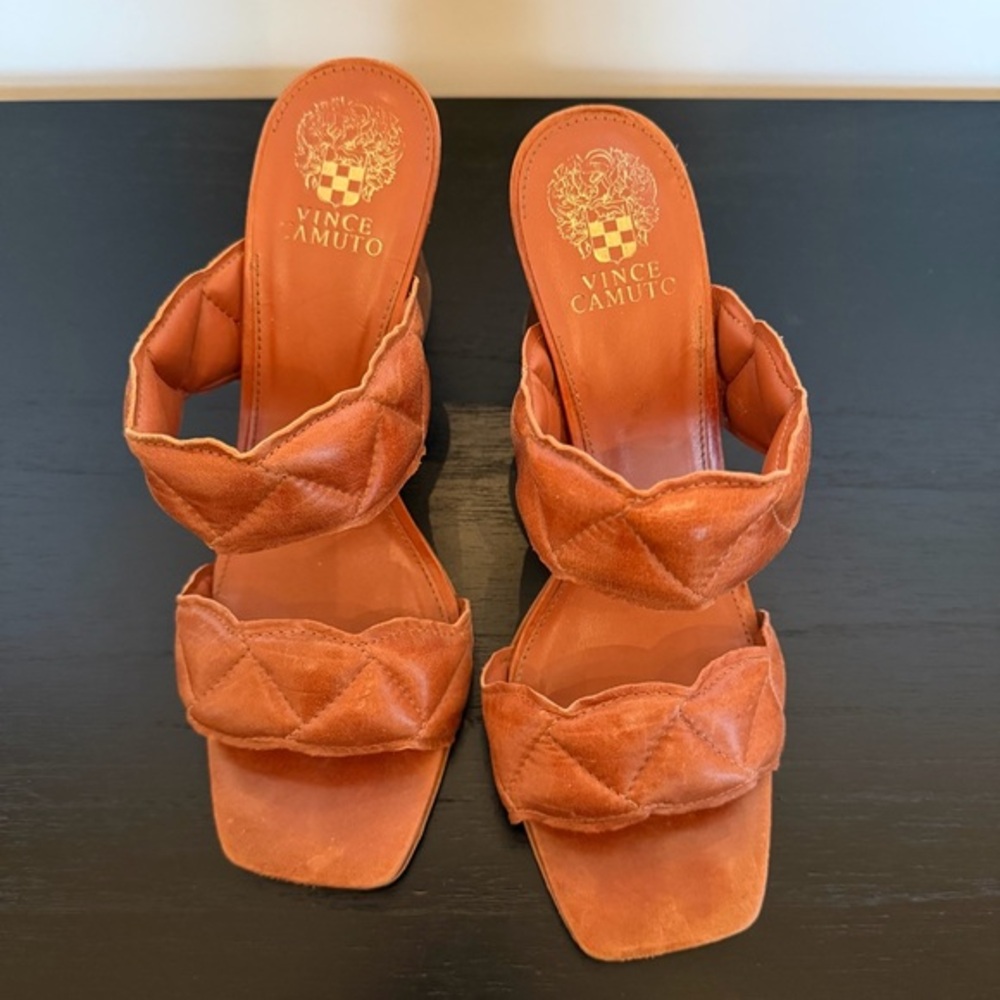 Vince Camuto Renneya Block Heel 2 Strap Sandal Open Toe Caramel Womens Size 10